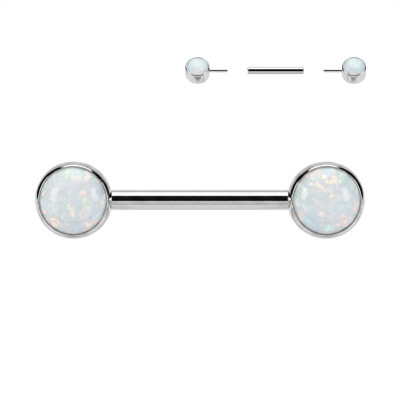 Implant Grade Titanium Threadless Push in Nipple Barbell With Forward Facing Bezel Set Opal Flat Ends