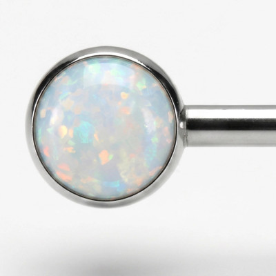 Implant Grade Titanium Threadless Push in Nipple Barbell With Forward Facing Bezel Set Opal Flat Ends