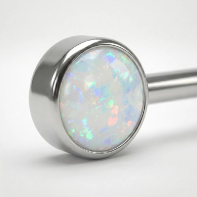 Implant Grade Titanium Threadless Push in Nipple Barbell With Forward Facing Bezel Set Opal Flat Ends