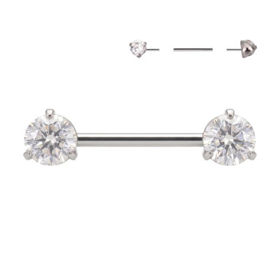 Nipple Barbell with Cubic Zirconia in 3-Prong Setting Threadless Implant Grade Titanium