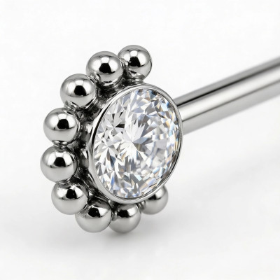 Nipple Barbell with Cubic Zirconia in Bezel and Ball Border Implant Grade Titanium with Internal Thread