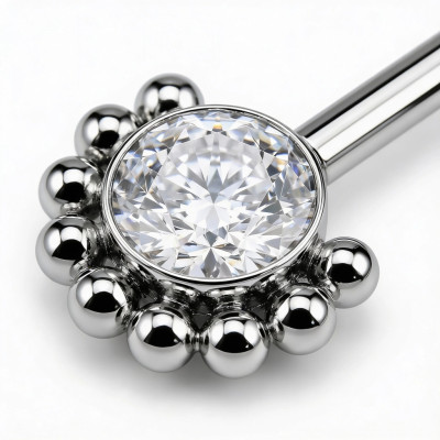 Nipple Barbell with Cubic Zirconia in Bezel and Ball Border Implant Grade Titanium with Internal Thread