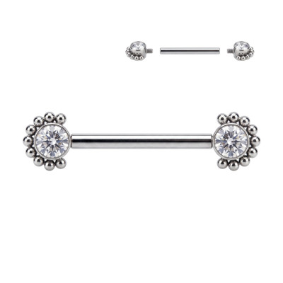 Nipple Barbell with Cubic Zirconia in Bezel and Ball Border Implant Grade Titanium with Internal Thread