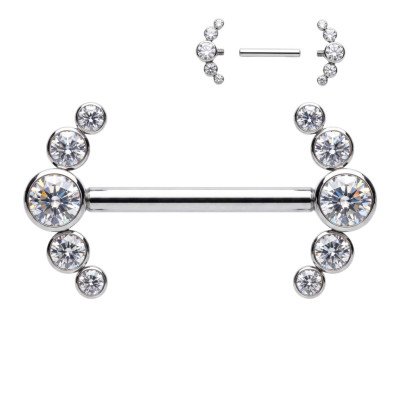 Nipple Barbell with Curved Line of 5 Cubic Zirconia in Bezel Implant Grade Titanium with Internal Thread