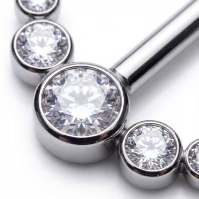 Nipple Barbell with Curved Line of 5 Cubic Zirconia in Bezel Implant Grade Titanium with Internal Thread