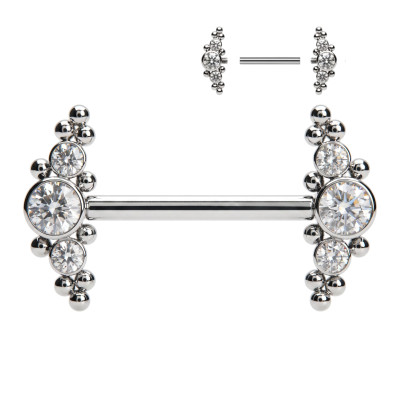 Nipple Barbell with 3 Cubic Zirconia in Bezel and Ball Cluster Implant Grade Titanium with Internal Thread