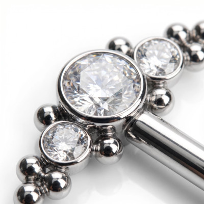 Barre pour Mamelon avec 3 Zircones Cubiques en Biseau et Grappe de Perles en Titane Grade Implant avec Filetage Interne