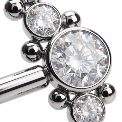 Nipple Barbell with 3 Cubic Zirconia in Bezel and Ball Cluster Implant Grade Titanium with Internal Thread