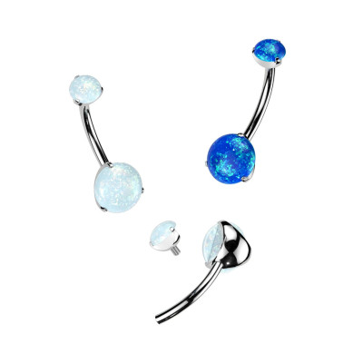 Implant Grade Titanium Internally Threaded Top Prong Set Double Round Opal Belly Button Rings