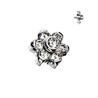 Implant Grade Titanium Internally Threaded CZ Flower Top With Bezel Set Center and Prong Set Petals