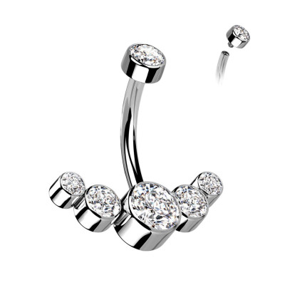 Implant Grade Titanium Internally Threaded CZ Bezel Set Top With 5-CZ Curved Line Belly Button Ring