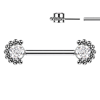 Implant Grade Titanium Threadless Push in Nipple Barbell With Forward Facing Bezel Set CZ and Beaded Ball Edge Ends