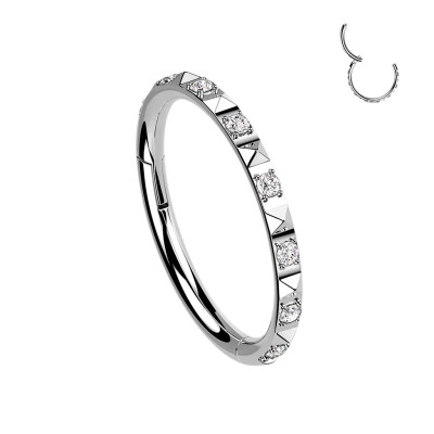 Implant Grade Titanium Hinged Segment Hoop Ring With CZ Between Pyramid Cut Studs