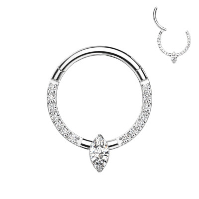 Implant Grade Titanium Hinged Segment Hoop Ring With Marquise CZ Center and Pave CZ Sides