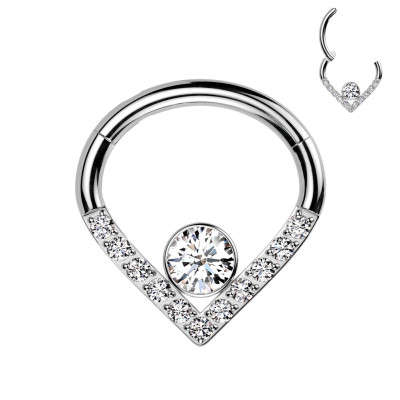 Implant Grade Titanium Hinged Segment Hoop Ring With Pave CZ Single Line Chevron and CZ Center