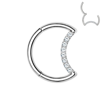 Implant Grade Titanium Hinged Segment Hoop Ring With Pave CZ Crescent Moon