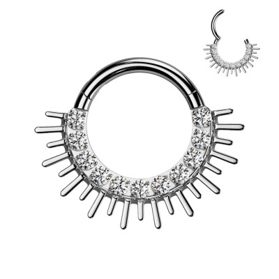 Implant Grade Titanium Hinged Segment Hoop Ring With Forward Facing CZ Pave and Spiked Edge Fan