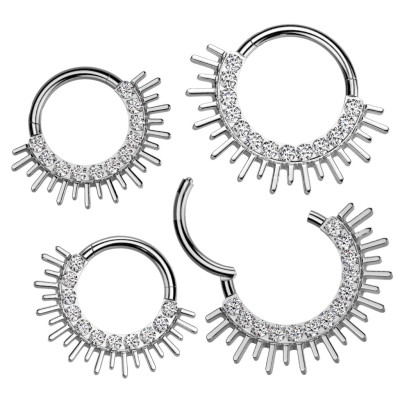 Implant Grade Titanium Hinged Segment Hoop Ring With Forward Facing CZ Pave and Spiked Edge Fan