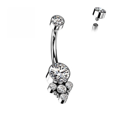 Implant Grade Titanium Internally Threaded Bezel Set CZ Top With Bottom 5 CZ and Ball Cluster Belly Button Ring