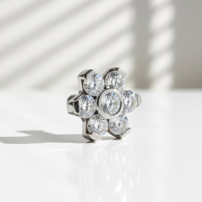 Implant Grade Titanium Internally Threaded CZ Flower Top With Bezel Set Center and Prong Set Petals