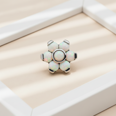 Implant Grade Titanium Internally Threaded Opal Flower Top With Bezel Set Center and Prong Set Petals