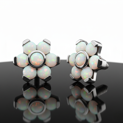 Implant Grade Titanium Internally Threaded Opal Flower Top With Bezel Set Center and Prong Set Petals