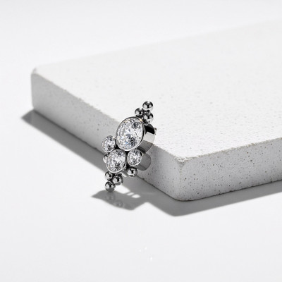 Implant Grade Titanium Internally Threaded 4 Bezel Set CZ Cluster Center and Beaded Ball Edge Top