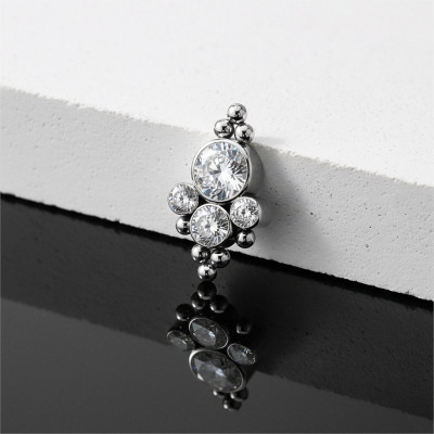 Implant Grade Titanium Internally Threaded 4 Bezel Set CZ Cluster Center and Beaded Ball Edge Top