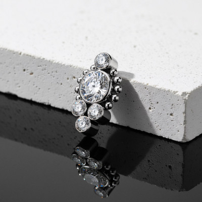 Implant Grade Titanium Internally Threaded 5 CZ Cluster and Beaded Ball Center Edge Top