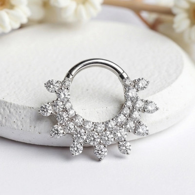 Implant Grade Titanium Hinged Segment Hoop Ring With Forward Facing Pave CZ Fan