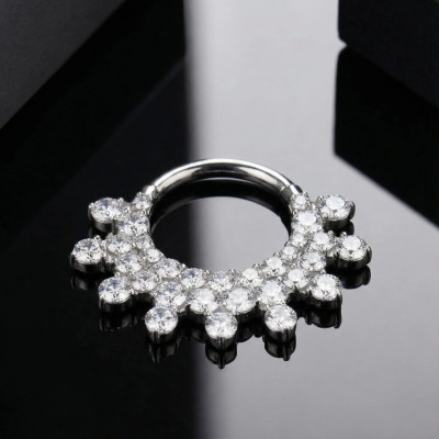 Implant Grade Titanium Hinged Segment Hoop Ring With Forward Facing Pave CZ Fan