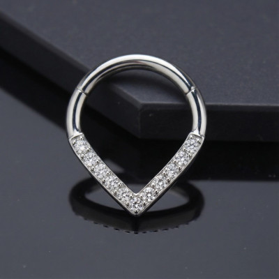 Implant Grade Titanium Hinged Segment Hoop Ring With Pave CZ Single Line Chevron