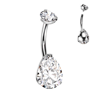 Implant Grade Titanium Internally Threaded Round Top CZ With Prong Set Pear CZ Belly Button Ring