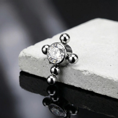 Implant Grade Titanium Internally Threaded Bezel Set CZ Center Beaded Ball Cross Top