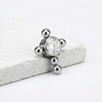 Implant Grade Titanium Internally Threaded Bezel Set CZ Center Beaded Ball Cross Top