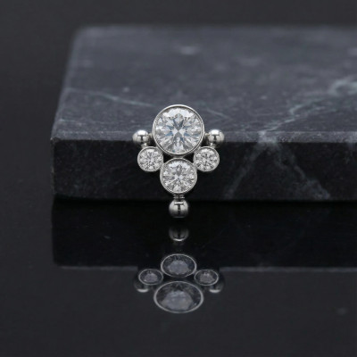 Implant Grade Titanium Internally Threaded Bezel Set CZ Center With 3 CZ and Ball Edge Top