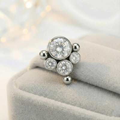 Implant Grade Titanium Internally Threaded Bezel Set CZ Center With 3 CZ and Ball Edge Top