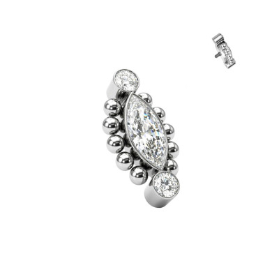Implant Grade Titanium Internally Threaded Beaded Ball Edge Marquise CZ Center and 2 Round CZ Top