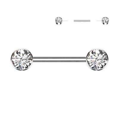 Implant Grade Titanium Threadless Push in Nipple Barbell With Forward Facing Bezel Set CZ Flat Ends