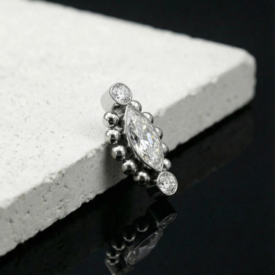 Implant Grade Titanium Internally Threaded Beaded Ball Edge Marquise CZ Center and 2 Round CZ Top