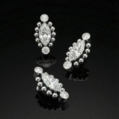 Implant Grade Titanium Internally Threaded Beaded Ball Edge Marquise CZ Center and 2 Round CZ Top