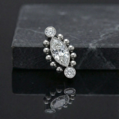 Implant Grade Titanium Internally Threaded Beaded Ball Edge Marquise CZ Center and 2 Round CZ Top