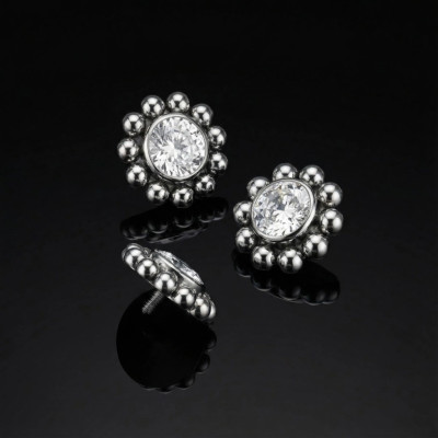 Implant Grade Titanium Internally Threaded Bezel Set CZ Center With Beaded Ball Edge Top