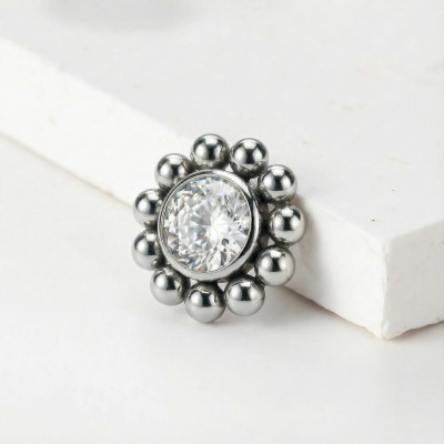 Implant Grade Titanium Internally Threaded Bezel Set CZ Center With Beaded Ball Edge Top
