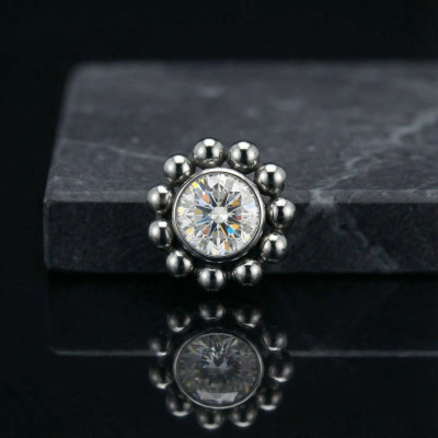 Implant Grade Titanium Internally Threaded Bezel Set CZ Center With Beaded Ball Edge Top