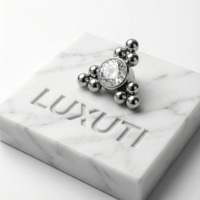 Implant Grade Titanium Internally Threaded Top With Bezel Set CZ Center and Trinity Ball Clusters