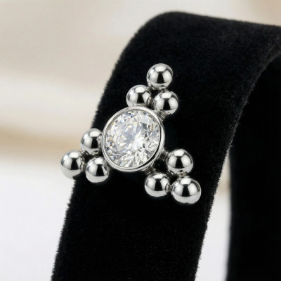 Implant Grade Titanium Internally Threaded Top With Bezel Set CZ Center and Trinity Ball Clusters
