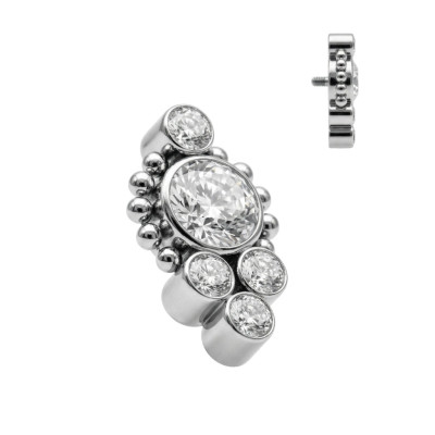 Implant Grade Titanium Internally Threaded 5 CZ Cluster and Beaded Ball Center Edge Top