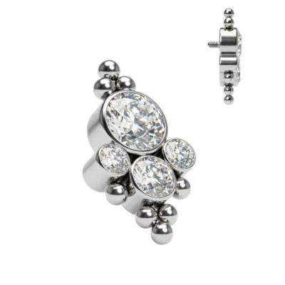 Implant Grade Titanium Internally Threaded 4 Bezel Set CZ Cluster Center and Beaded Ball Edge Top