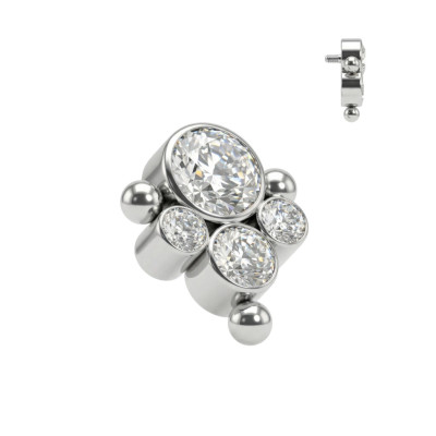 Implant Grade Titanium Internally Threaded Bezel Set CZ Center With 3 CZ and Ball Edge Top